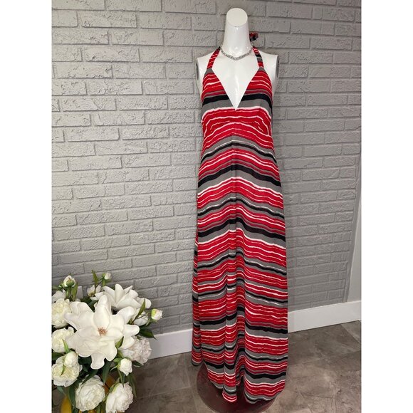 5/48 Saks Fifth Avenue Women Red Striped Halter Maxi Dress Size M NWT - Picture 1 of 5